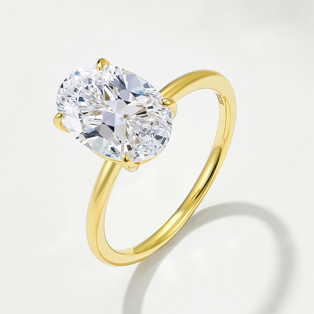 925 Sterling Silver Gold-Plated Simulation Diamond Oval 8 12 Ice Flower Cut Zircon Ring