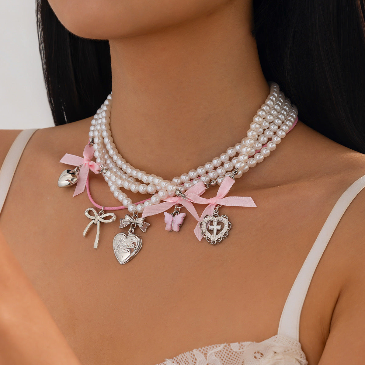 Butterfly Heart & Pearl-Style Layered Necklace