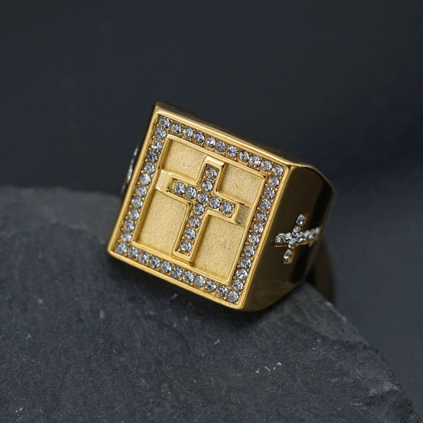 Planderful Titanium Stainless Steel Gold Plated Zircon Cross Ring For Men Unisex Everyday Genie Collection Durable
