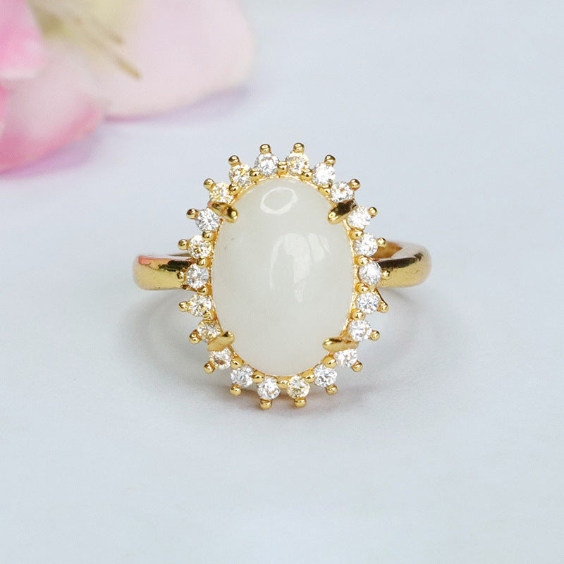 Exquisite Oval White Jade Ring with Zircon Halo