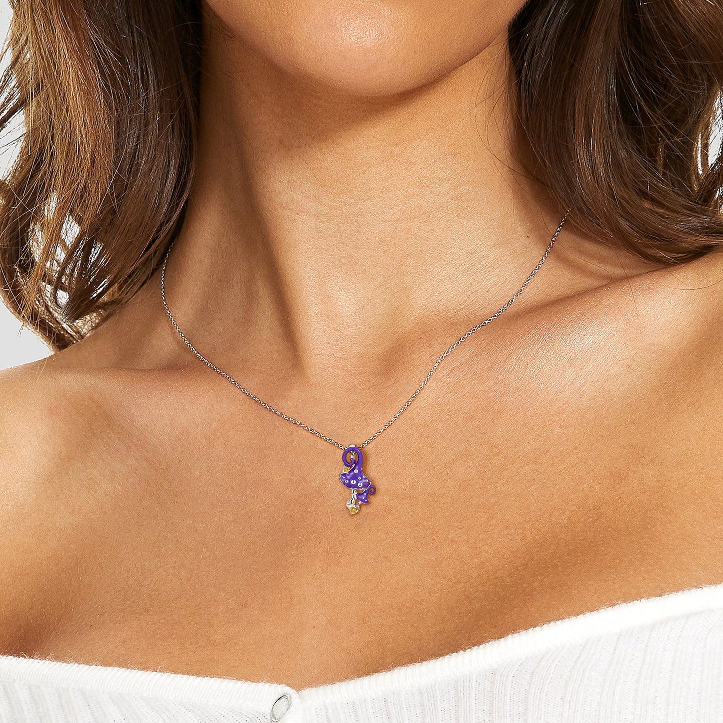 Halloween Purple Poisonous Mushroom Pendant Zircon Silver Necklace