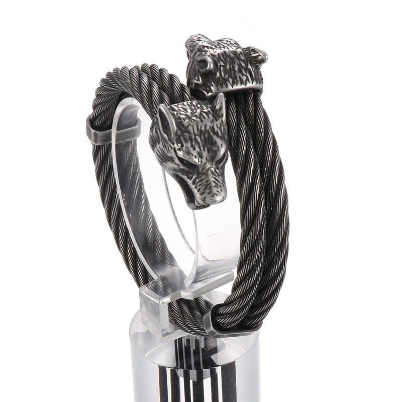 Rock Titanium Steel Braided Wire – Punk Electroplated Wolf Head Men's Open Elastic Bracelet