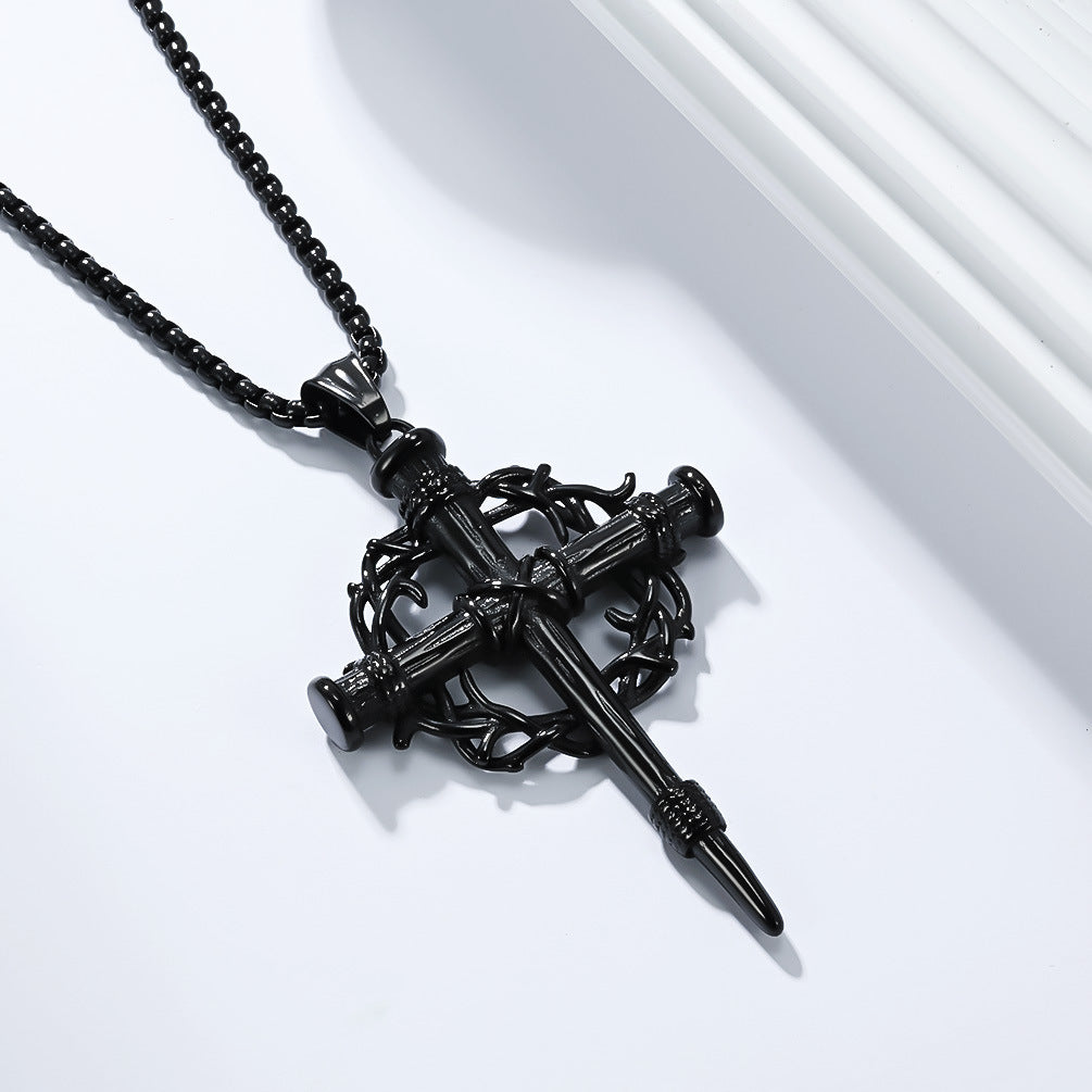 Steel Necklace – Statement Cross Pendant With Thorn Wreath Design For Hipster Street Style