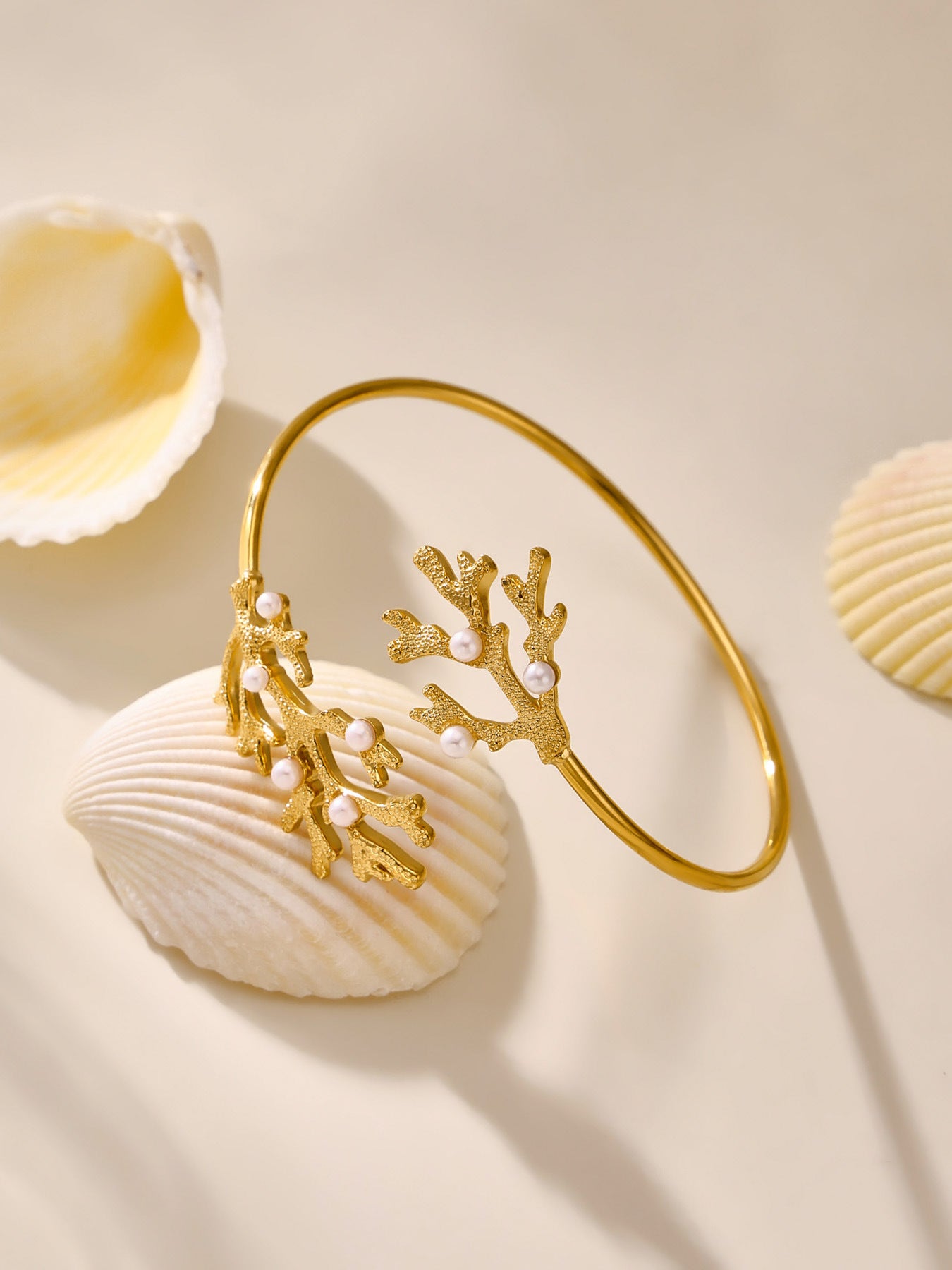 Planderful Coral Bead Opening Bracelet For Women 18K Gold