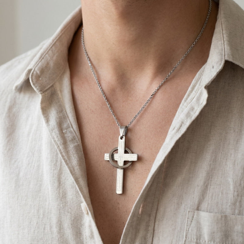 English Cross Pendant, Punk Retro Ring Cross Stainless Steel Men's Necklace