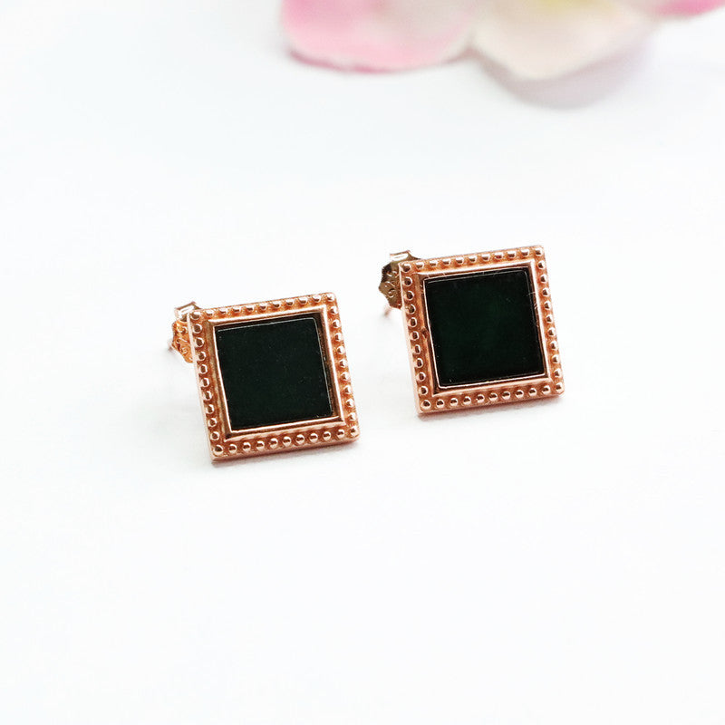 Dark Jadeite Square Rose-Gold-Tone Stud Earrings