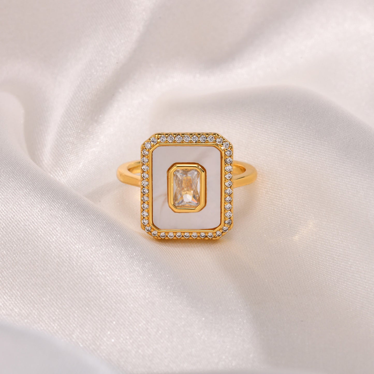 Fashion Copper Geometric Octagon Zircon Shell Open Ring Golden Lady