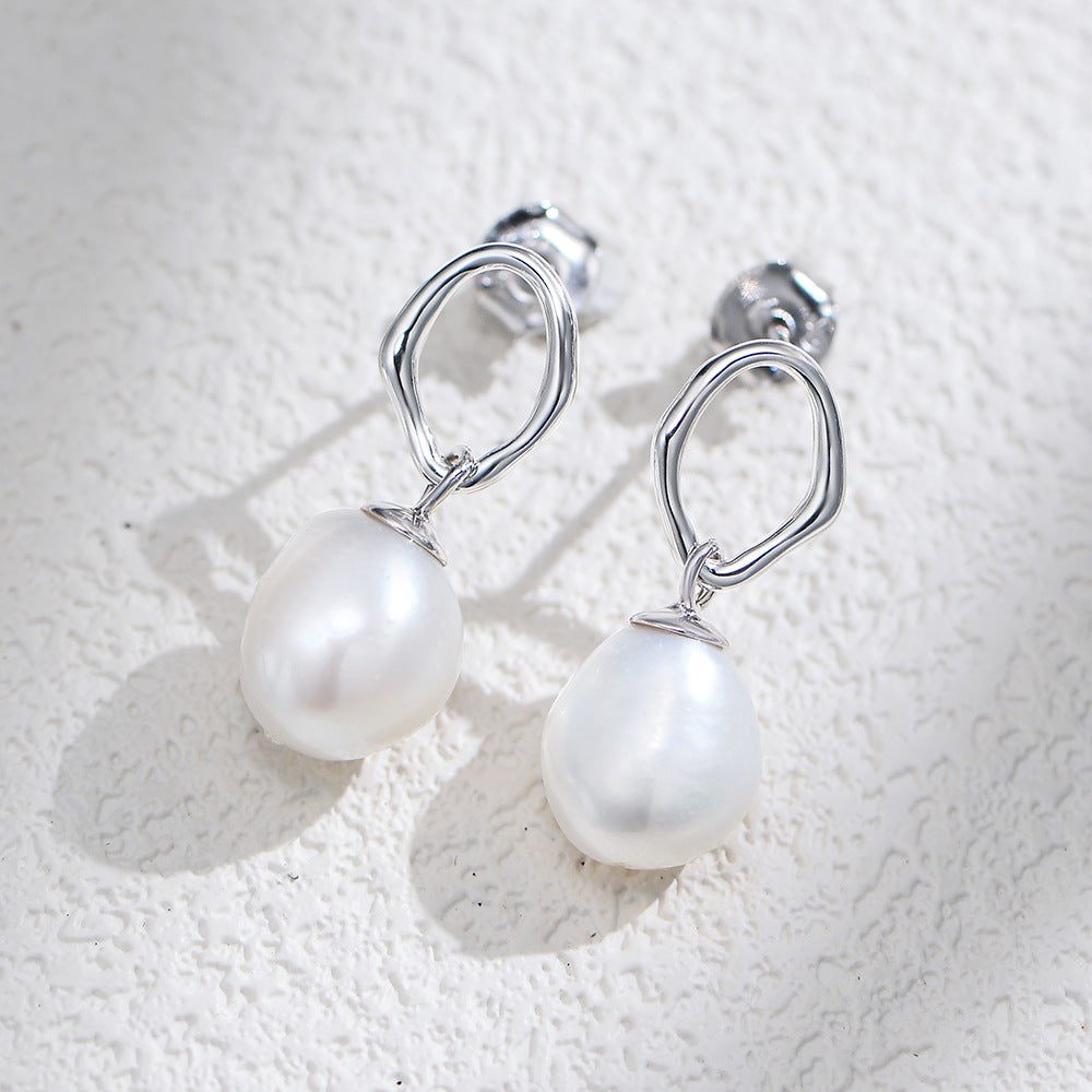 Planderful S925 Sterling Silver Earrings With Geometric Hollow Design And Natural Baroque Pearl Pendant For Women