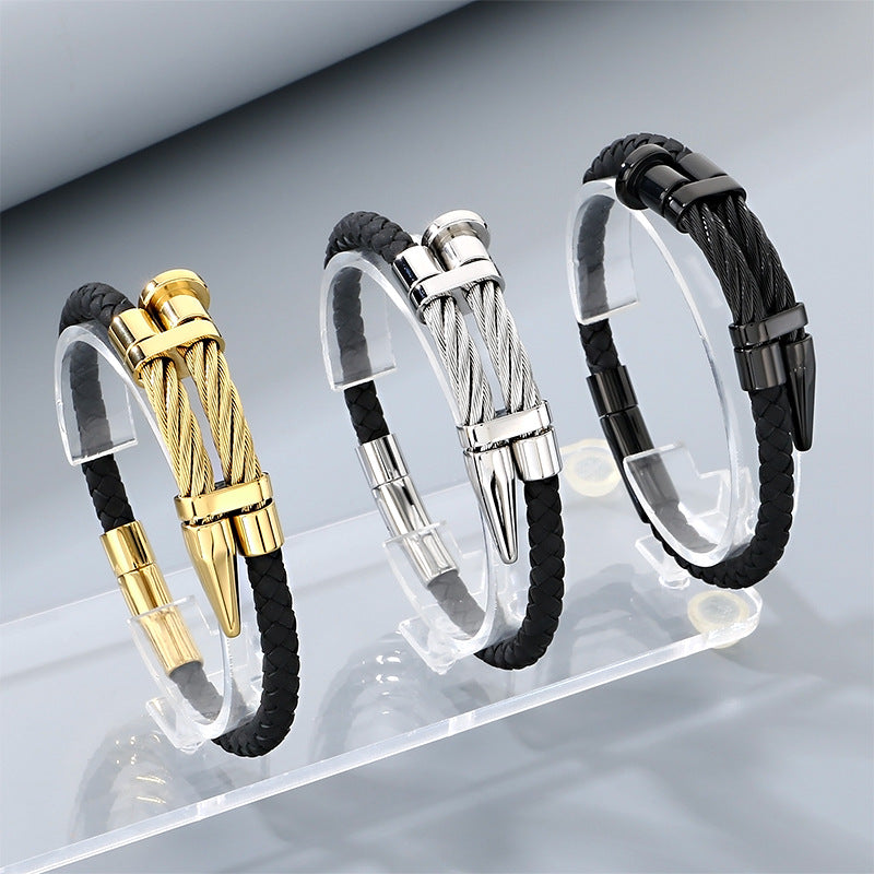 Steel Wire Nails Magnetic Buckle Bracelet – Punk Style Niche Dot Riveted Woven Leather