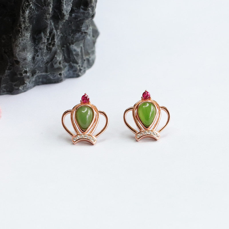 Water Drop Jasper Crown Jade Stud Earrings