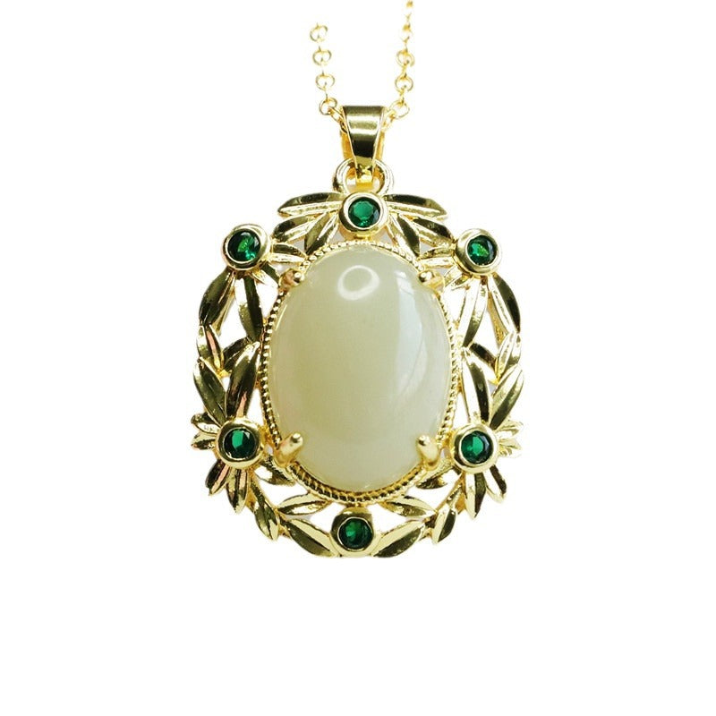 Green Zircon Bamboo Leaf Oval Hotan Jade Pendant Jewelry