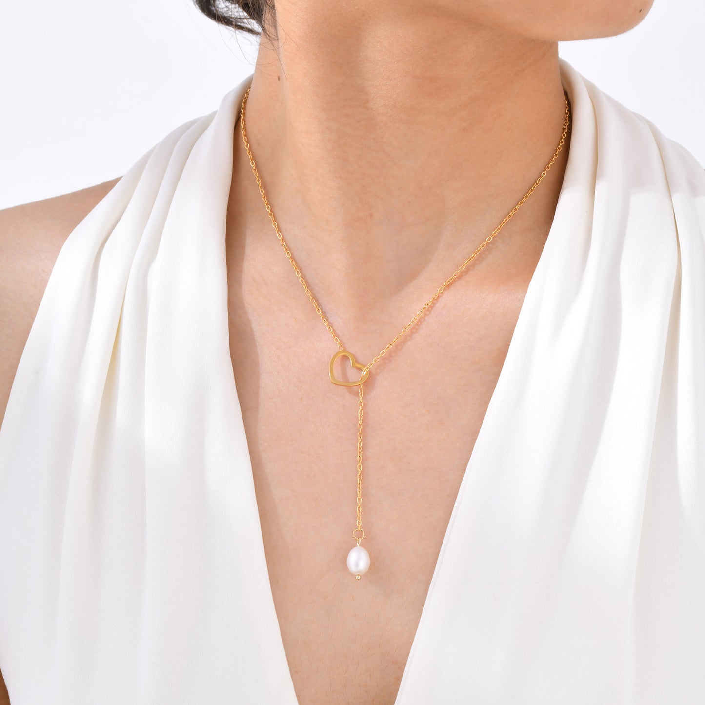 Ladies Stainless Steel Flat Cross Chain Heart Shaped Natural Baroque Freshwater Pearl Y Necklace