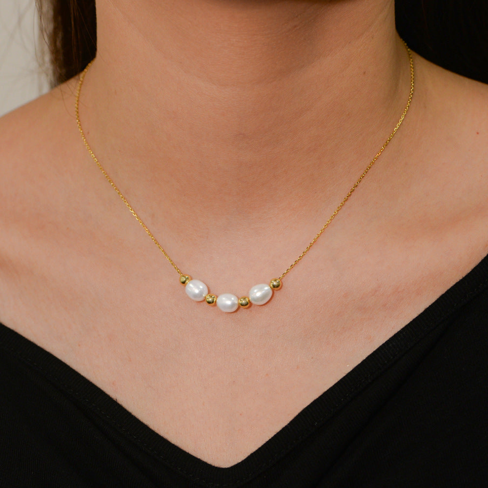 French Elegant Retro Natural Freshwater Pearl Necklace Sterling Silver Premium Clavicle Chain