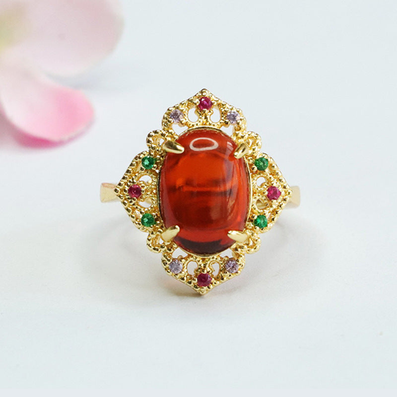 Ethnic Style Sterling Silver Ring with Beeswax Amber