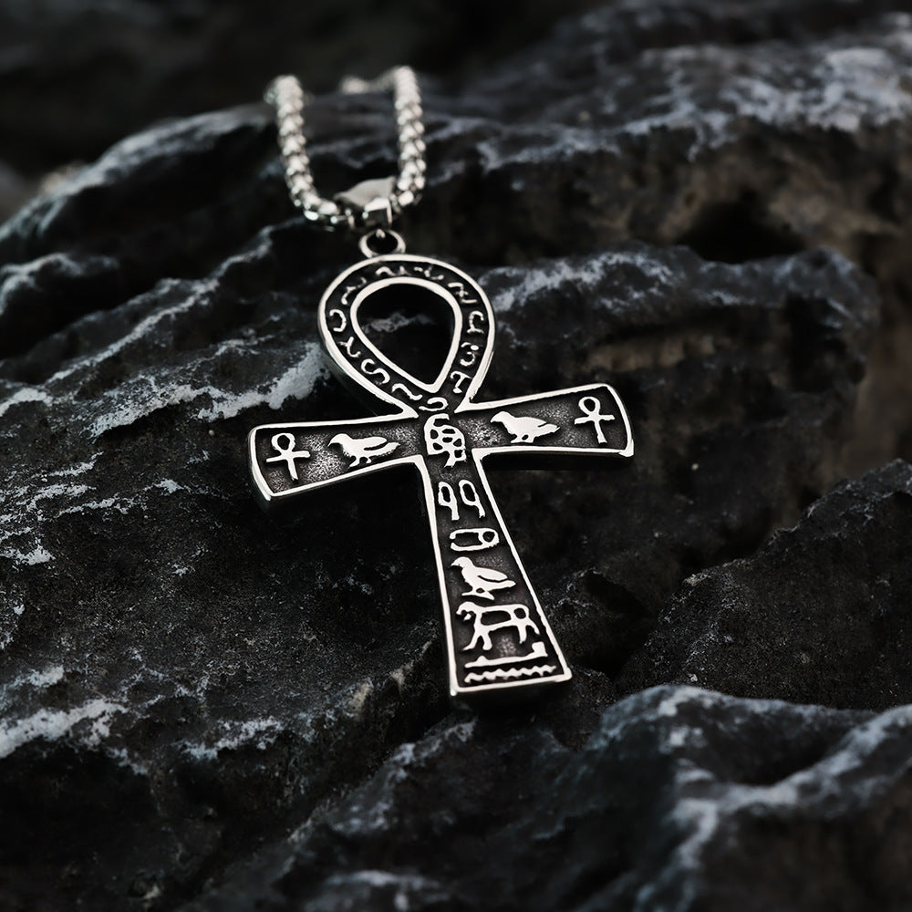 Vintage Men's Stainless Steel Pendant Necklace Egyptian Anka Cross