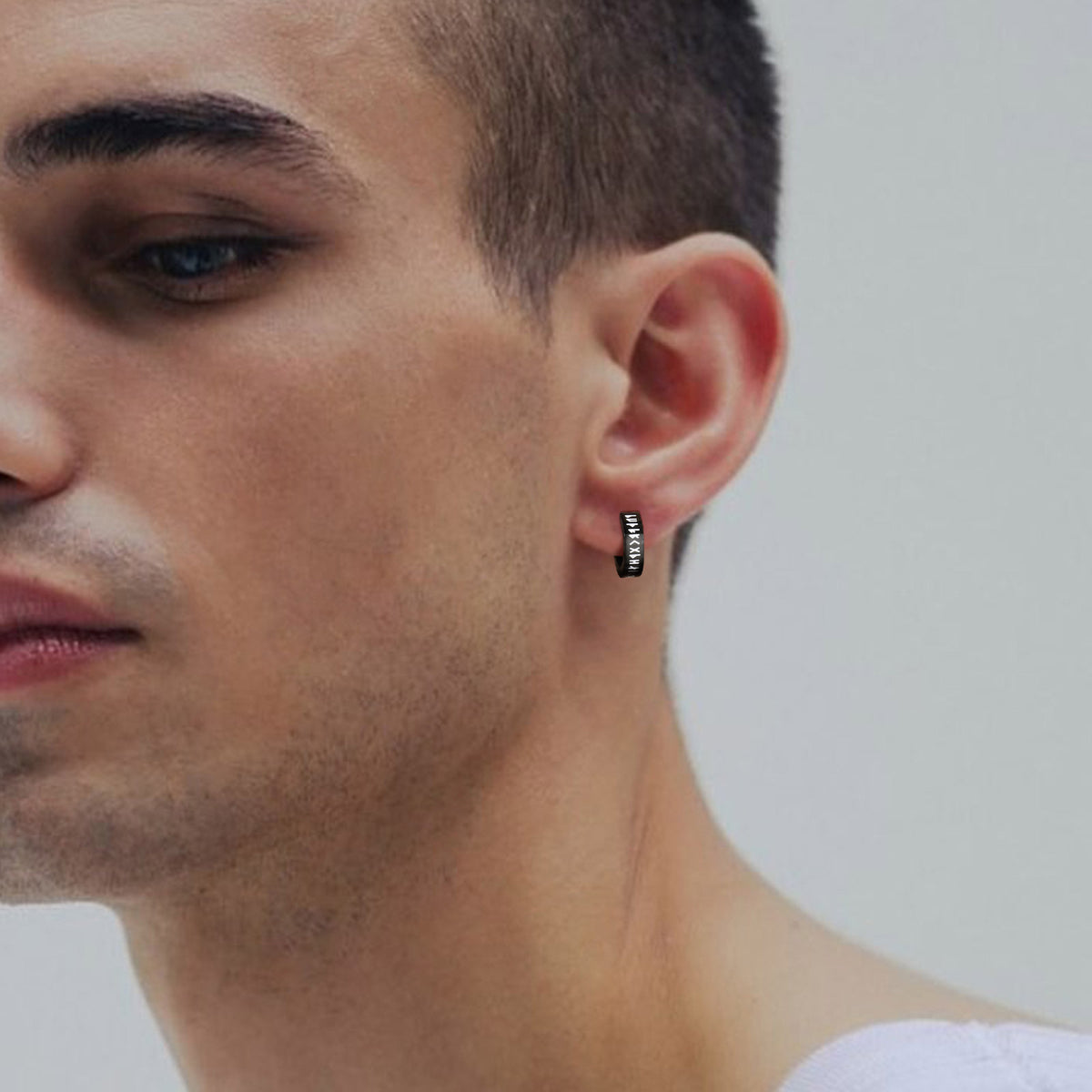 Black Viking Rune Stainless Steel Hoop Earring — Single