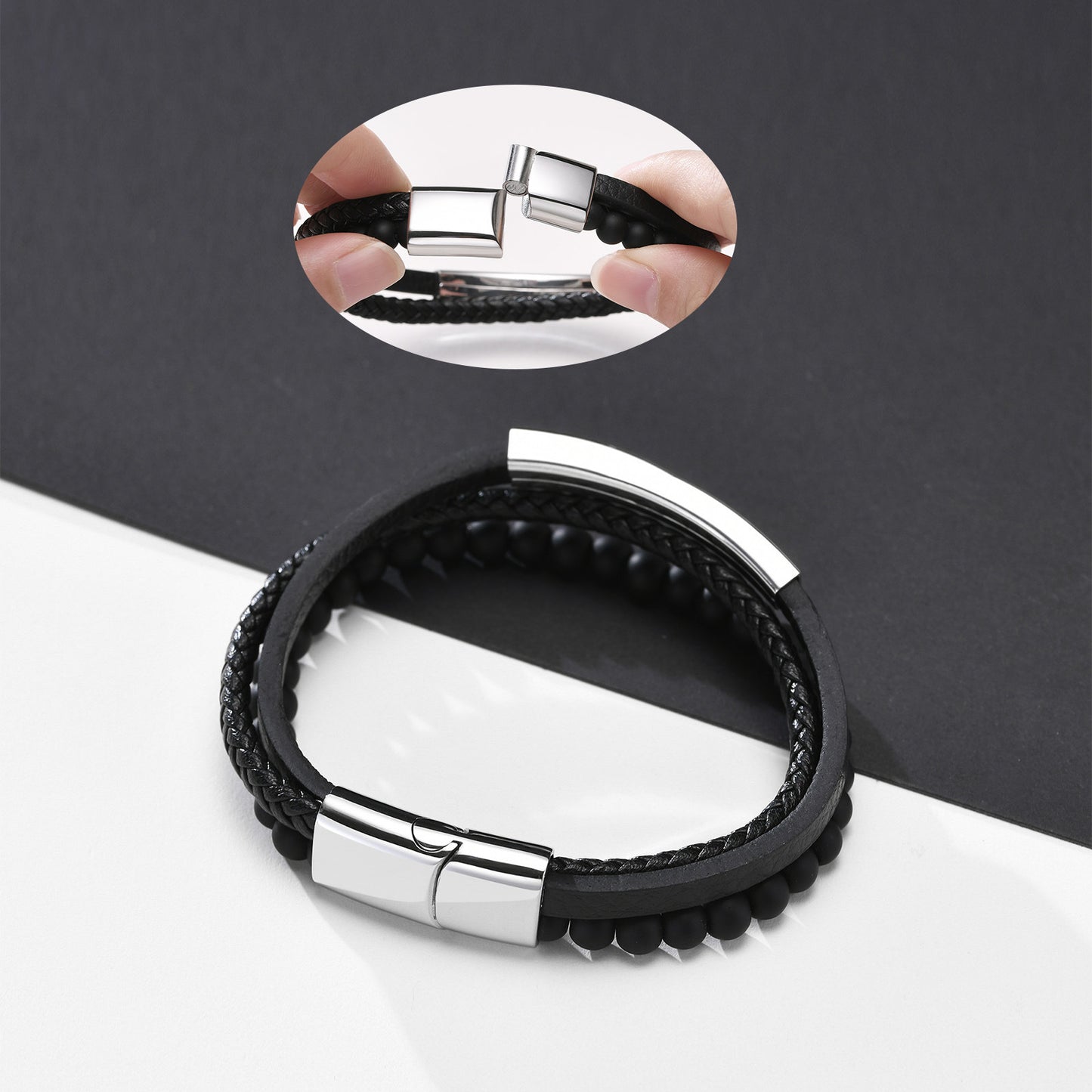 Stainless Steel Curved Brand Matte Agate Leather Bracelet