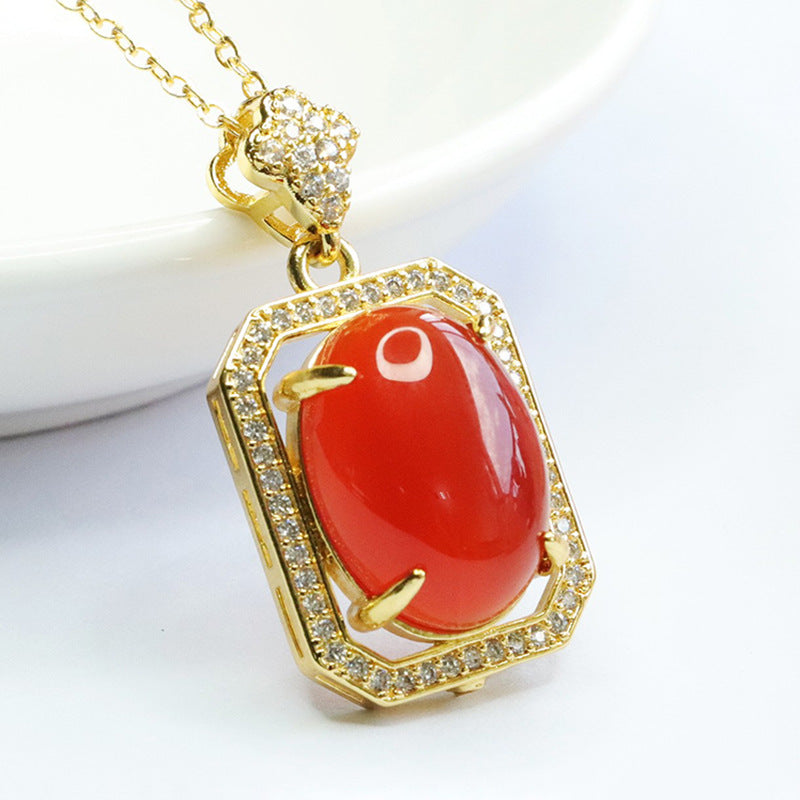 Pigeon Egg Red Agate Rectangle Pendant Zircon Necklace