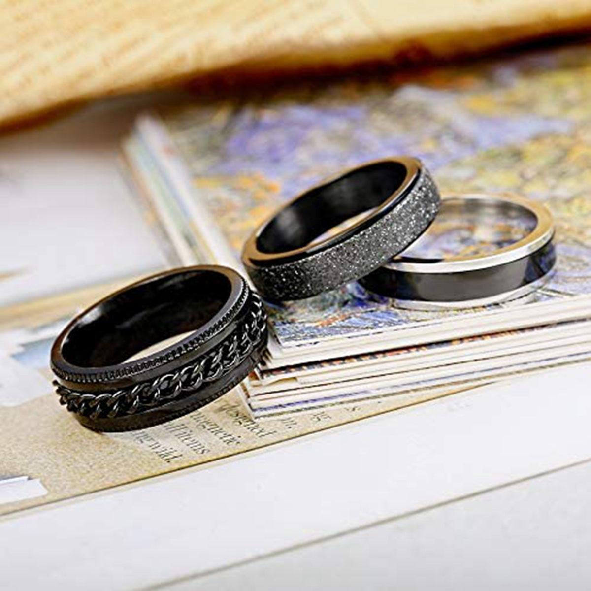 Explosive Black Chain Spin Ring Set - Men's Titanium Steel Pressure-Reducing Accessory