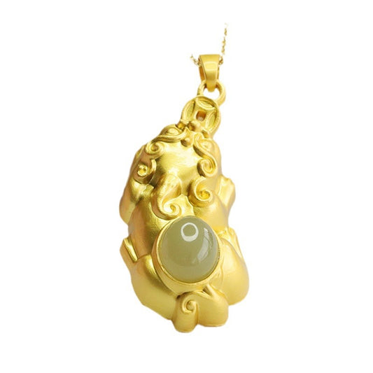 Hotan Jade Oval Pixiu Pendant with Sterling Silver Ayurveda Jewelry