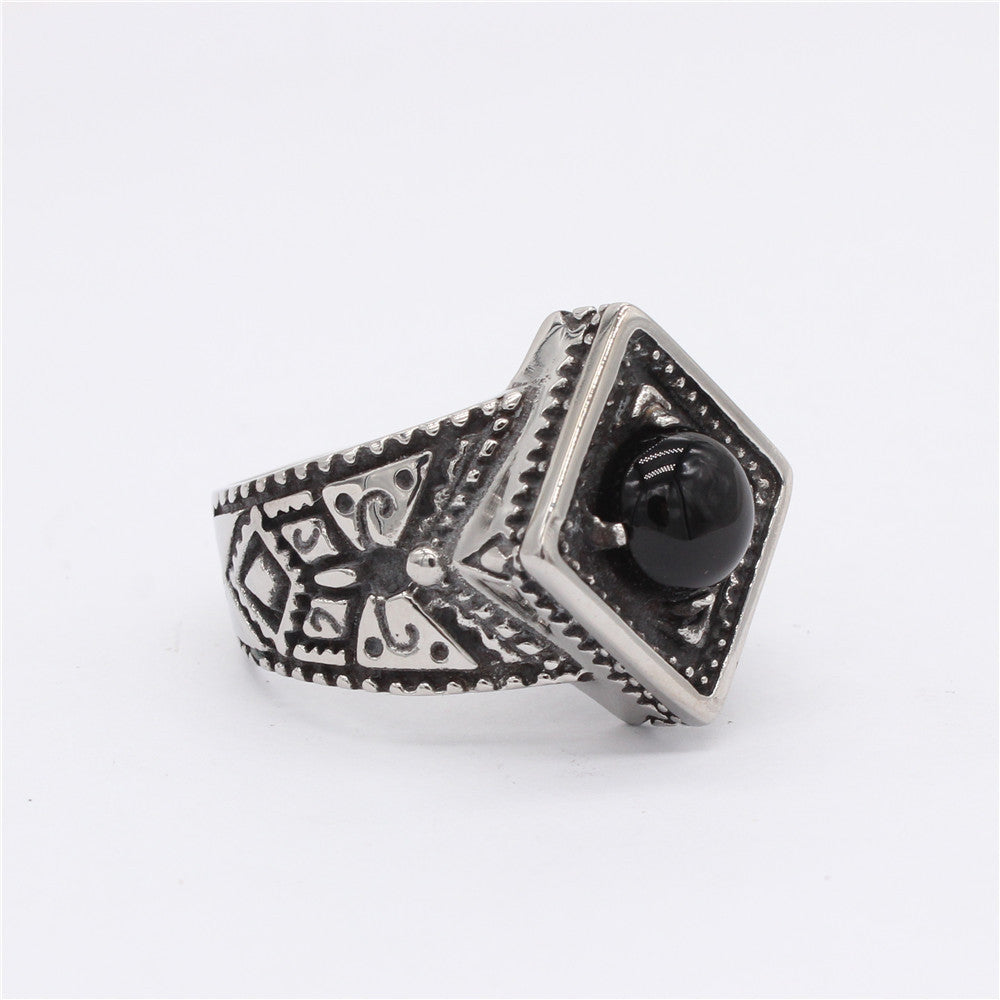 Planderful Titanium Steel Ring Black Stone Retro Rhombus Domineering Design Unisex Protection for Men Women