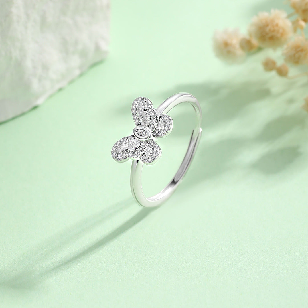 Planderful S925 Sterling Silver Brushed Butterfly Ring For Women Elegant Forest Style Adjustable Size