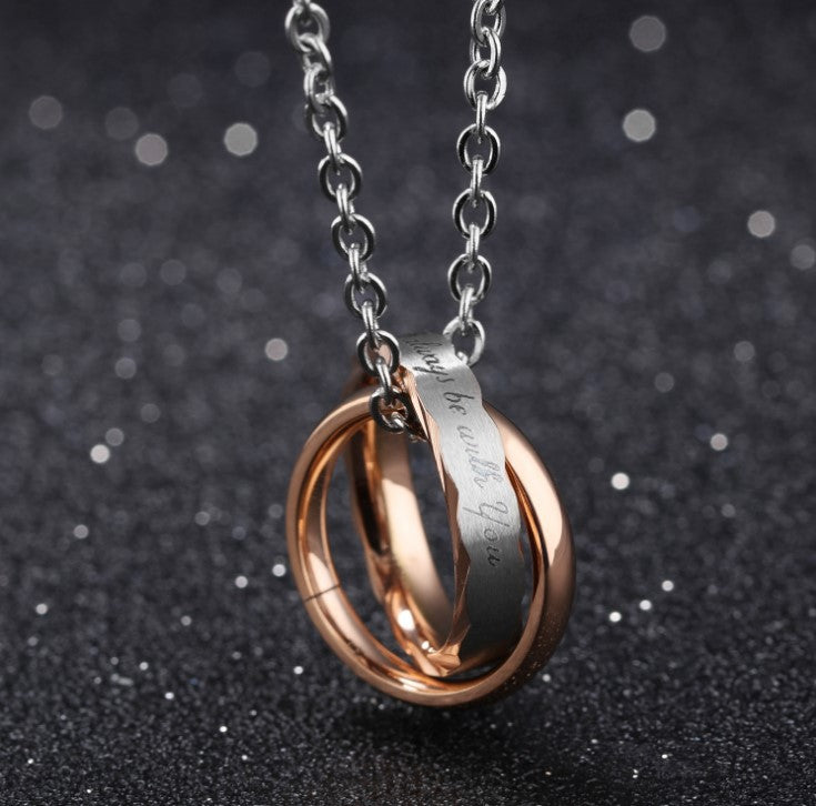Stylish Interlocking Double Ring Pendant in Titanium Steel for Couples - Unique Fashion Statement for Him and Her