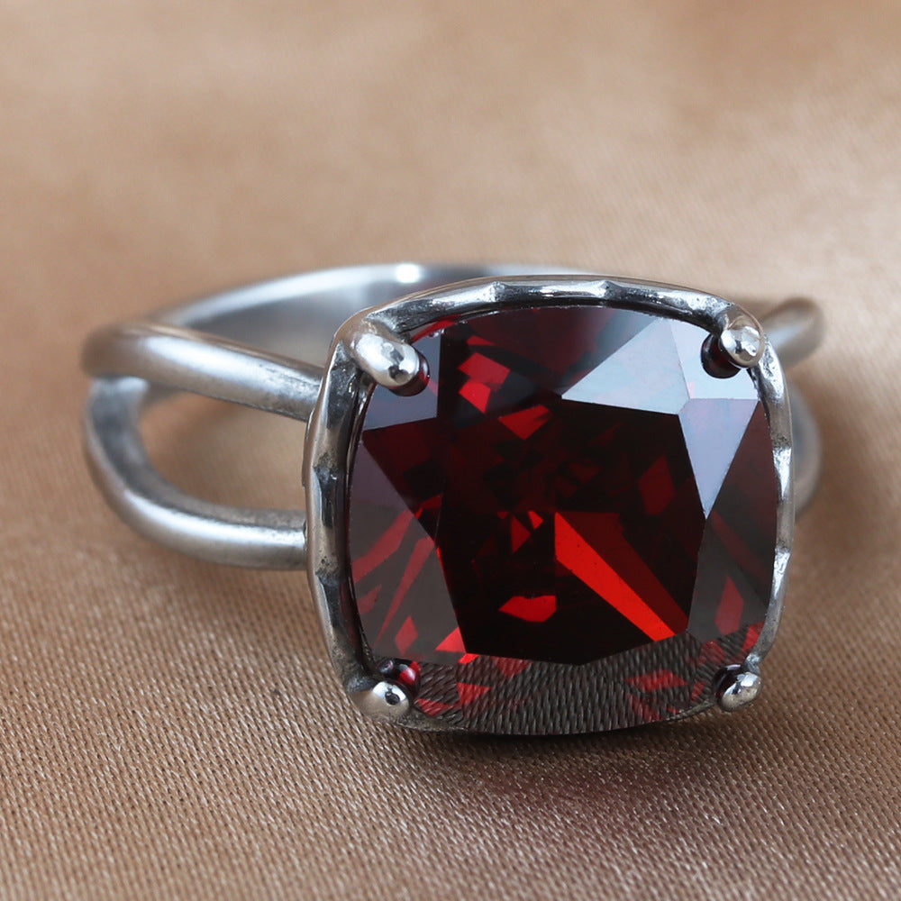Trendy Retro Multi-Color Stone Titanium Steel Punk Square Ring for Girls