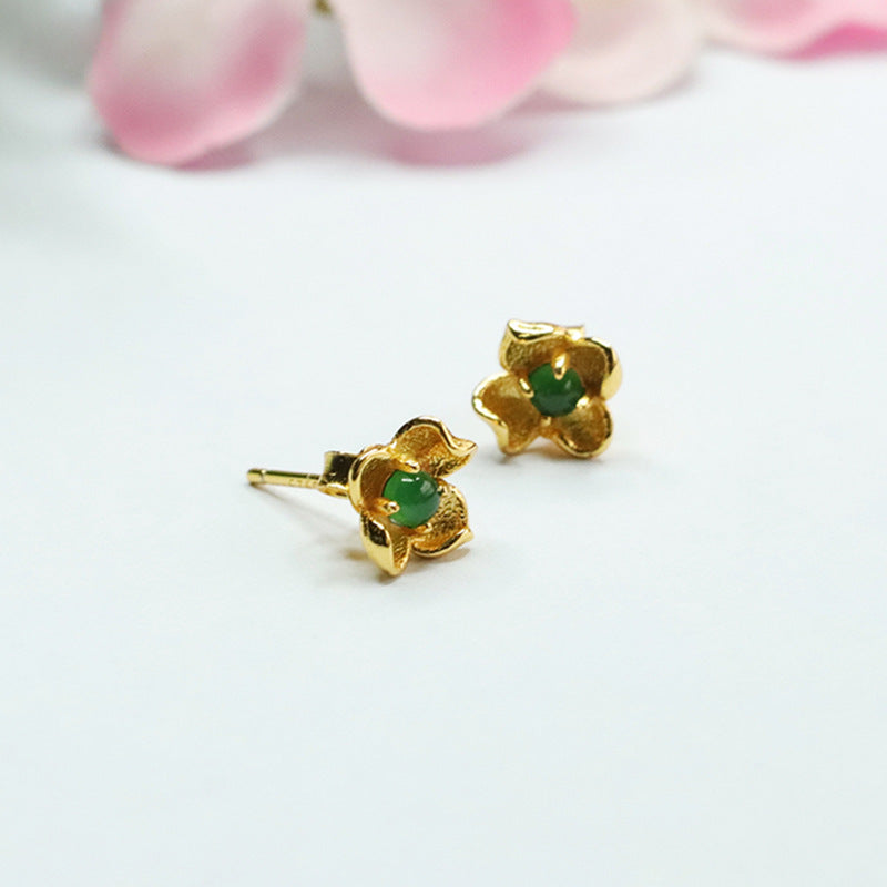 Icy Green Jadeite Flower 925 Silver Stud Earrings