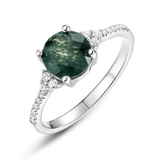 Planderful Jewelry Sterling Silver Ring With Green Agate Moss Stone Retro Geometric Round Design