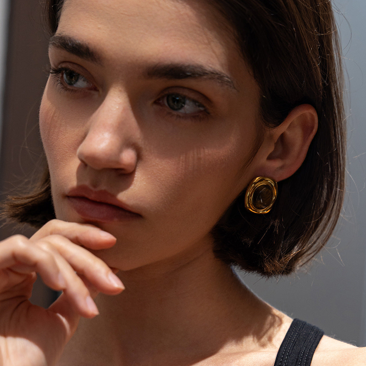 Planderful Stainless Steel Stud Earrings Tiger Stone Inlaid Geometric Pearl Square Statement For Trendsetting Women