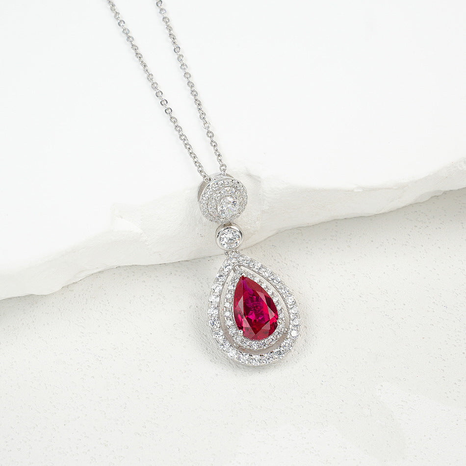 S925 Sterling Silver Lab-Grown Ruby Teardrop Pendant Necklace