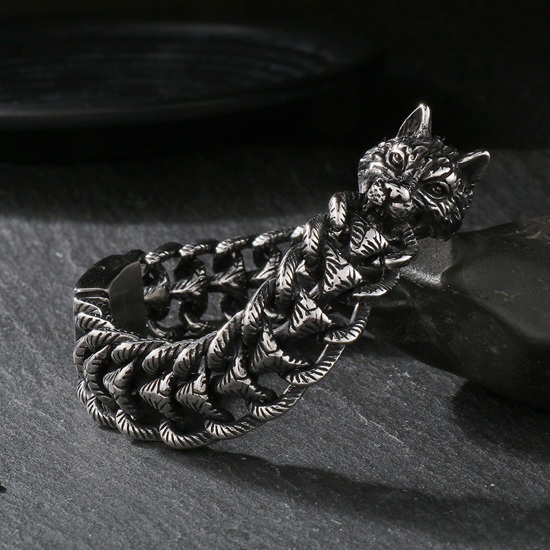 Animal – Punk Dark Wolf Head Layered Braided Keel Chain Titanium Steel Men's Bracelet