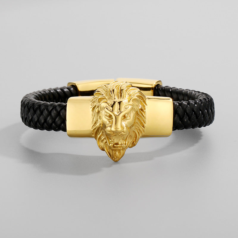 Two-Layer Leather Woven Bracelet – Casting Lion Head Snake Head Ghost Head Titanium