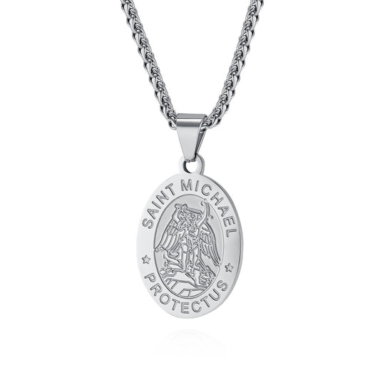 Patron Saint Archangel Oval Medal Pendant Titanium Steel Unisex Necklace By Planderful Everyday Genie Protection Gift