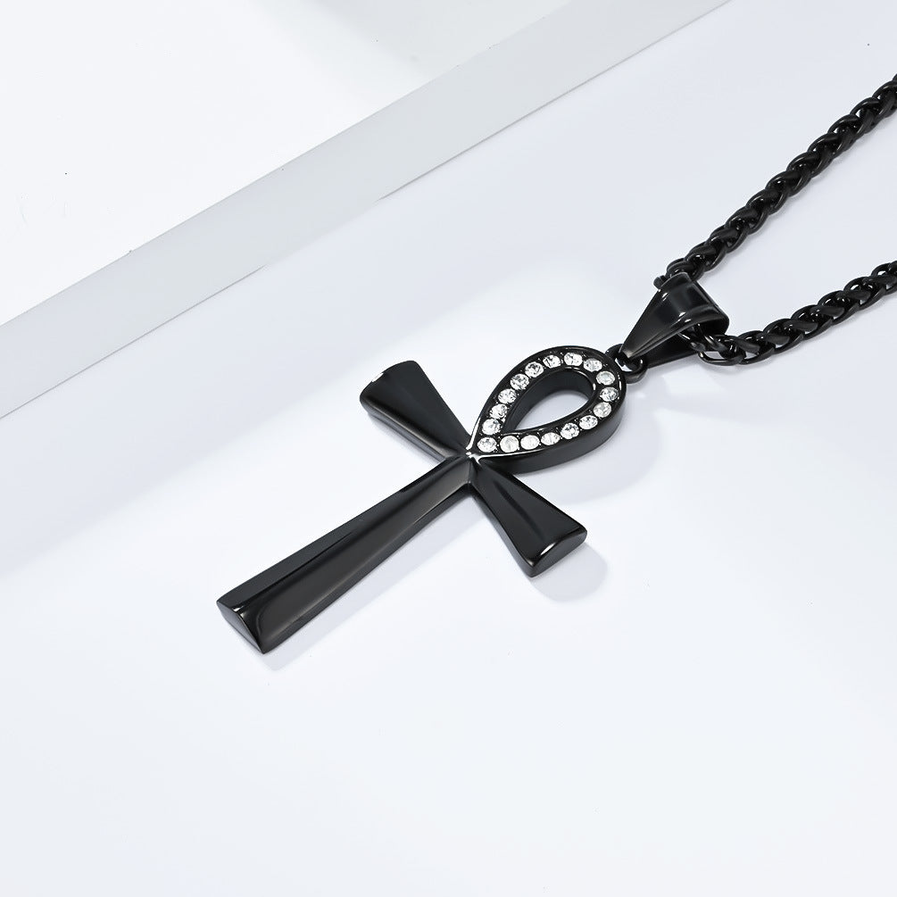 Planderful Ankh Zircon Cross Necklace For Men Titanium Steel Pendant With Inlaid Zircon Stones