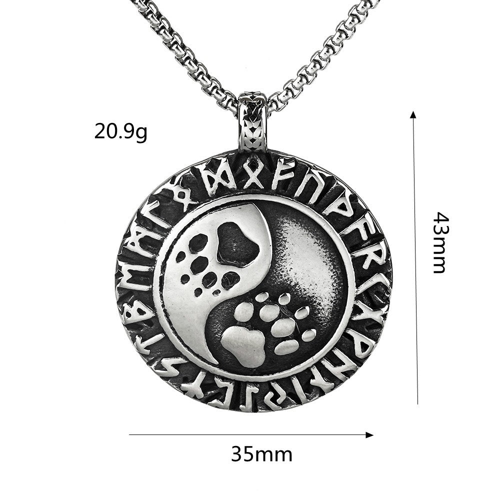1) Planderful Viking Rune Pendant Necklace For Men In Stainless Steel With Personalized Paw Motif Gift
