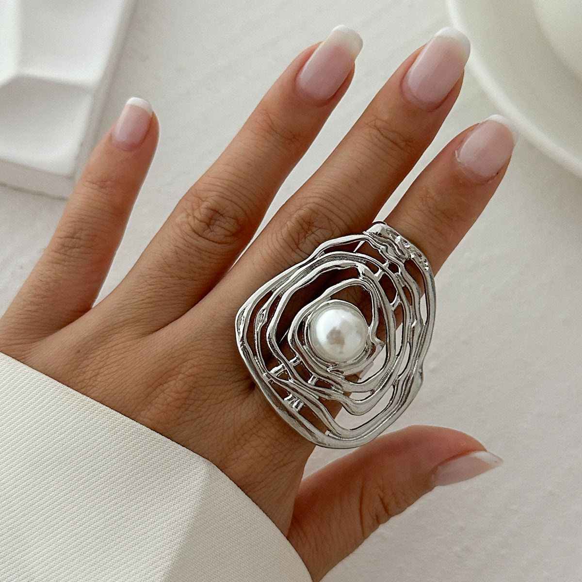 Planderful Vienna Verve Imitation Pearl Ring Open Wind Fold Metal Ring For Trendy Women And Gift Seekers
