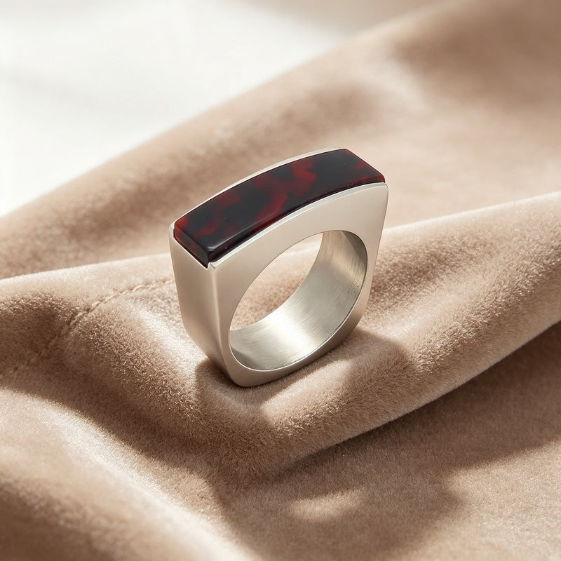 Retro Square Resin Patch Ring, Medieval Women's Stainless Steel Ring