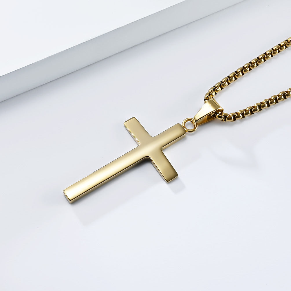 Cross-Border Simple Neutral Wind Beveled Stainless Steel Cross Necklace for Men
