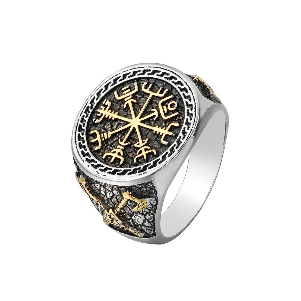 Planderful Nordic Viking Axe Totem Compass Ring Unisex Personalized Protection Retro Titanium Steel Jewelry