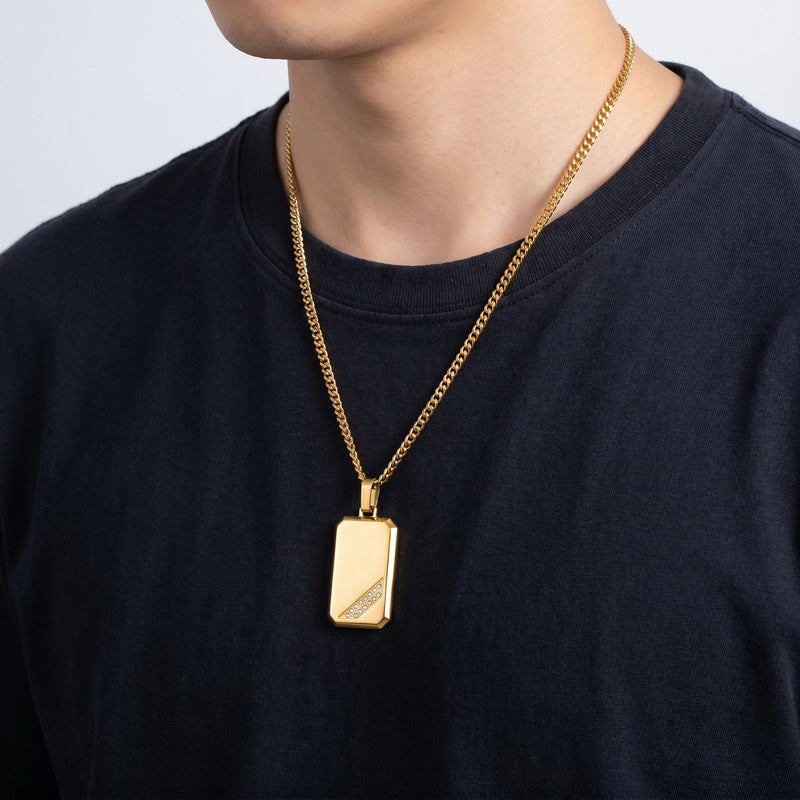 Hip-Hop Style Square Inlaid Double-Row Zircon Pendant Stainless Steel Smooth Military Brand Double-Sided Necklace