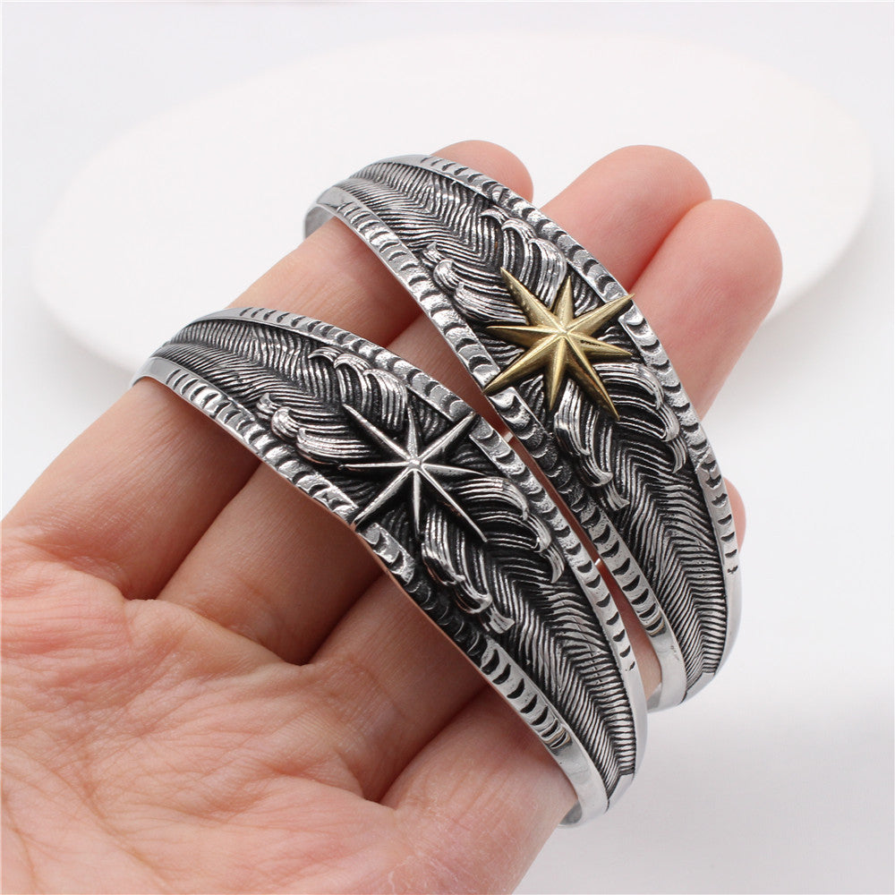 Titanium Steel Bracelet Unisex Bold Retro Feather Lion Star Design For Men And Women By Planderful Jewelry