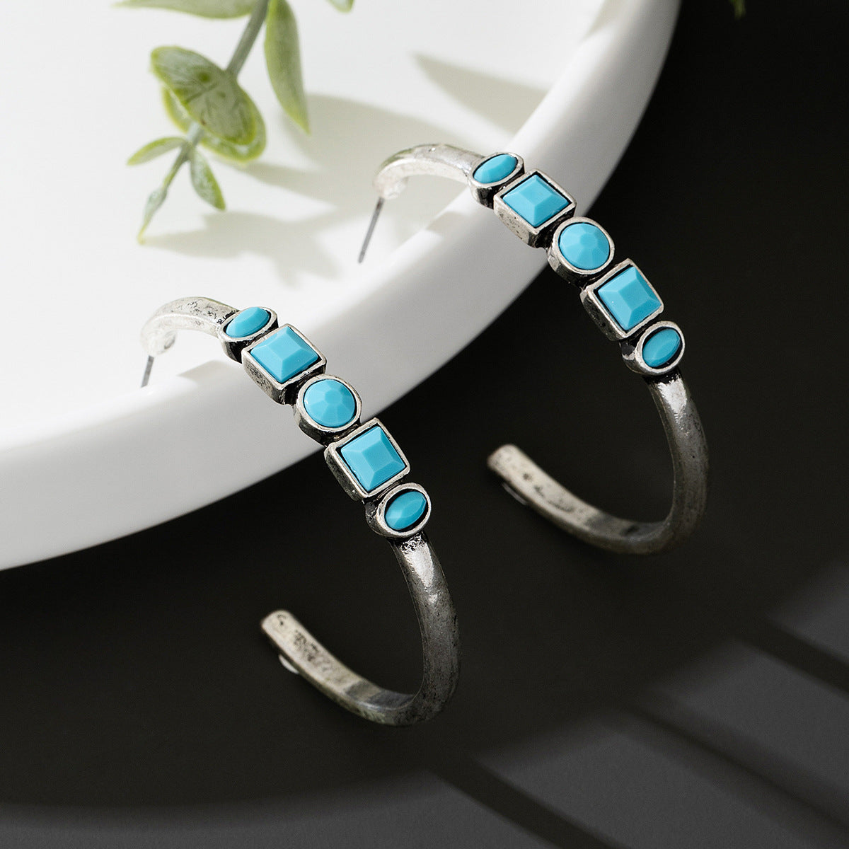 Planderful Vienna Verve Earrings – Stylish Metal C-Shaped Design with Turquoise Accents