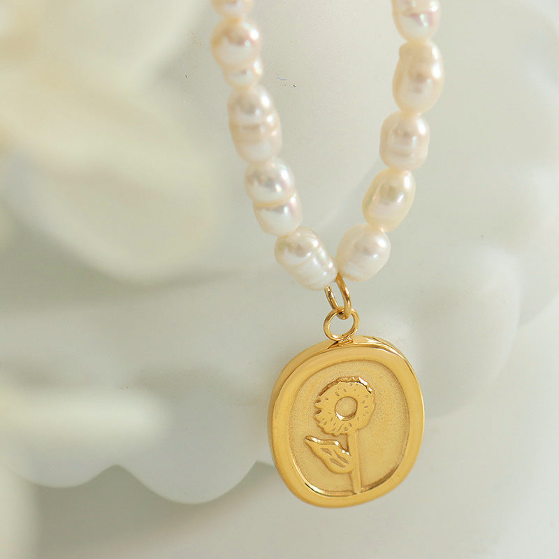 French Sunflower Carved Pearl Necklace with Vintage Charm