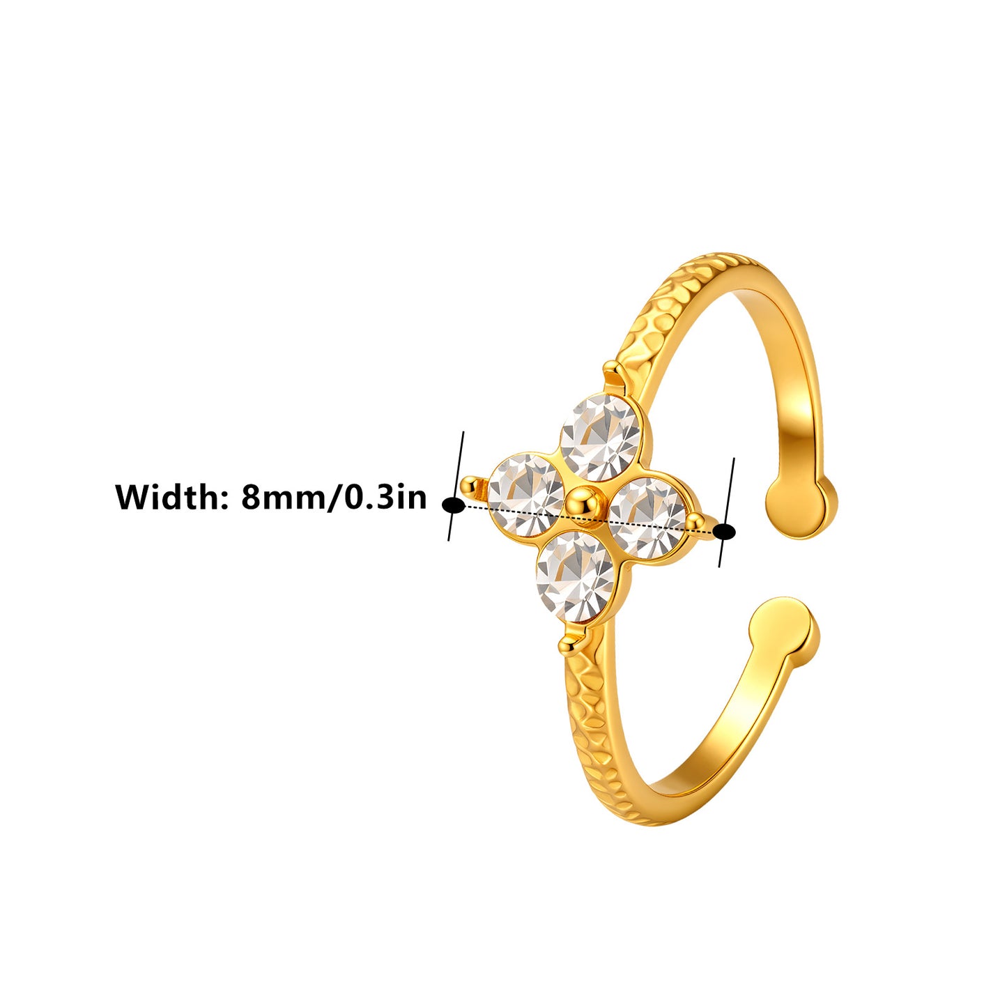 Planderful Everyday Genie Hammered Four Leaf Clover Ring Stainless Steel With Zircon Open Adjustable Unisex Jewelry