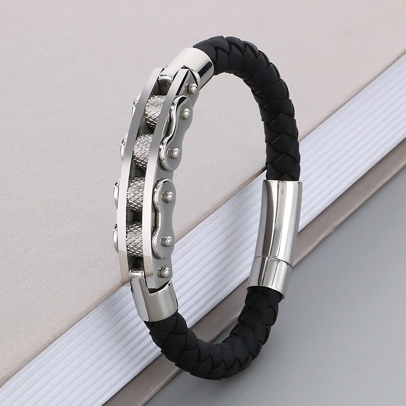 Business Style Strap Chain Woven Leather Rope Bracelet – Stainless Steel Bicycle Chain