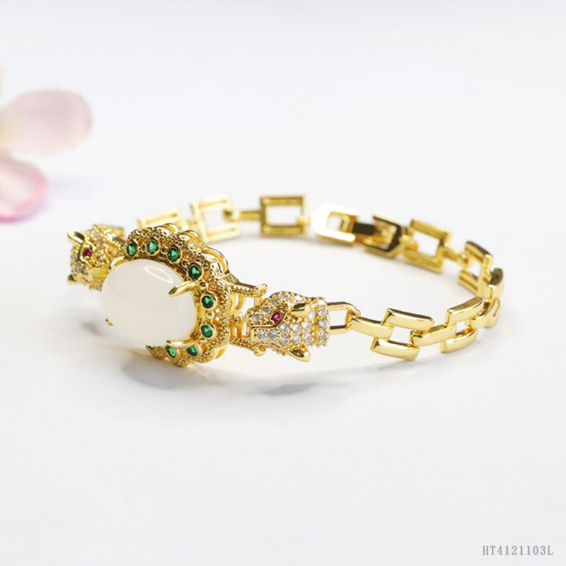 White Hetian Jade Leopard Motif Bracelet