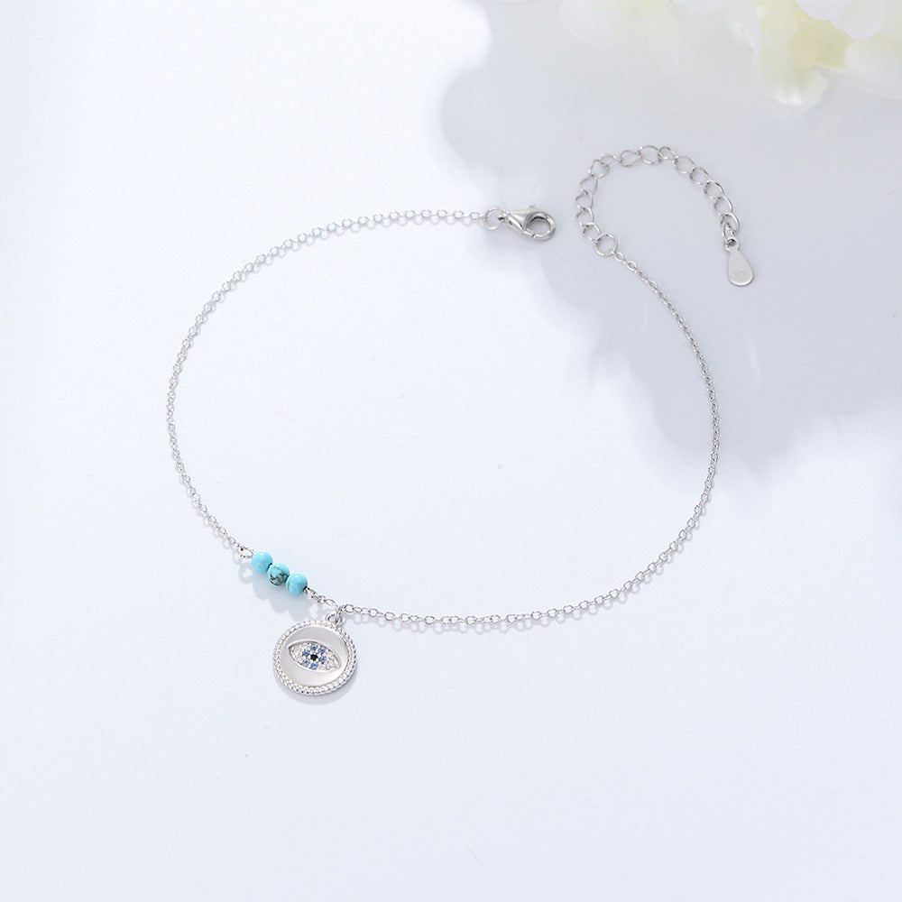 S925 Sterling Silver Devil's Eye Inlaid Zircon Turquoise Anklet Amazon Summer Beach Bracelet