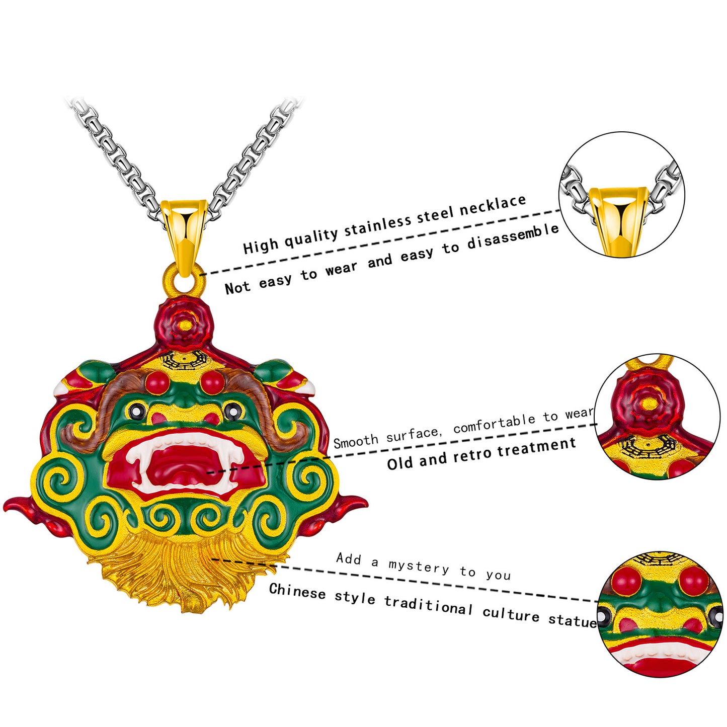 Steel Necklace – Statement Chinese Lion Dance Pendant